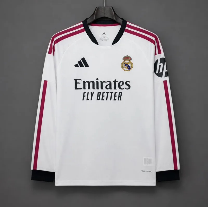26/27 Real Madrid White with Burgundy Stripes Long Sleeve Home Jersey- Adults - Free Personalisation + Patches!
