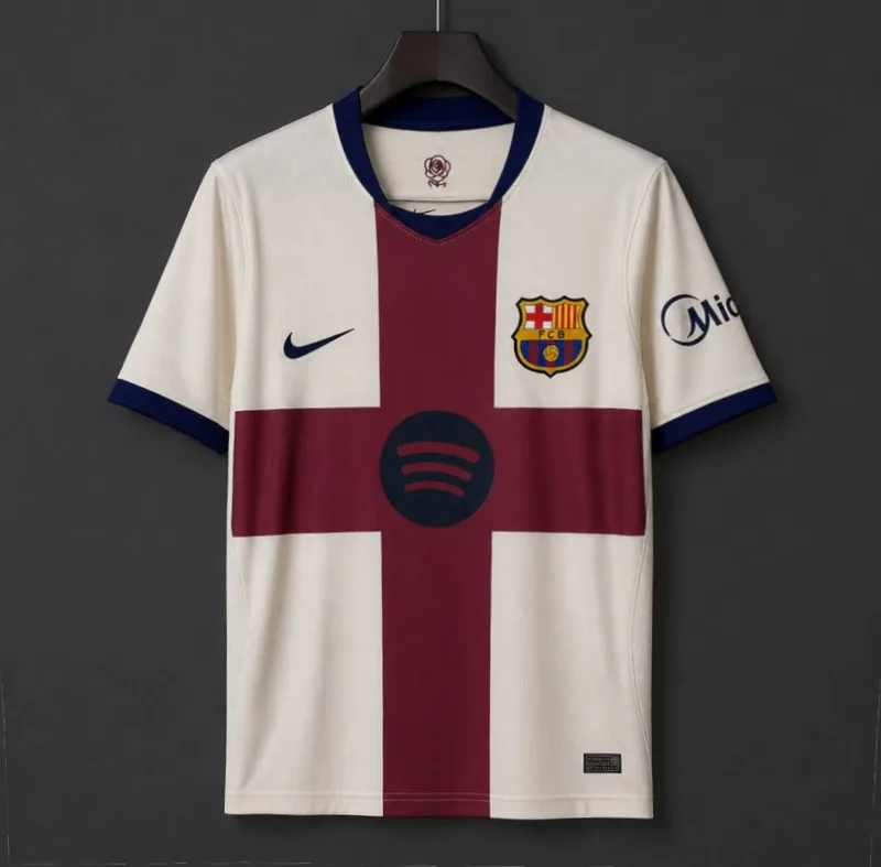 26/27 Barcelona White with Burgundy Cross Fourth Kit Jersey - Adults - Free Personalisation + Patches!