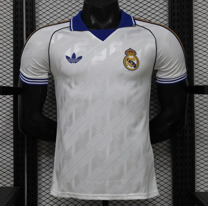 26/27 Real Madrid Home White with Blue Collar & Jacquard Pattern Jersey Skin Fit - Adults - Free Personalisation + Patches!