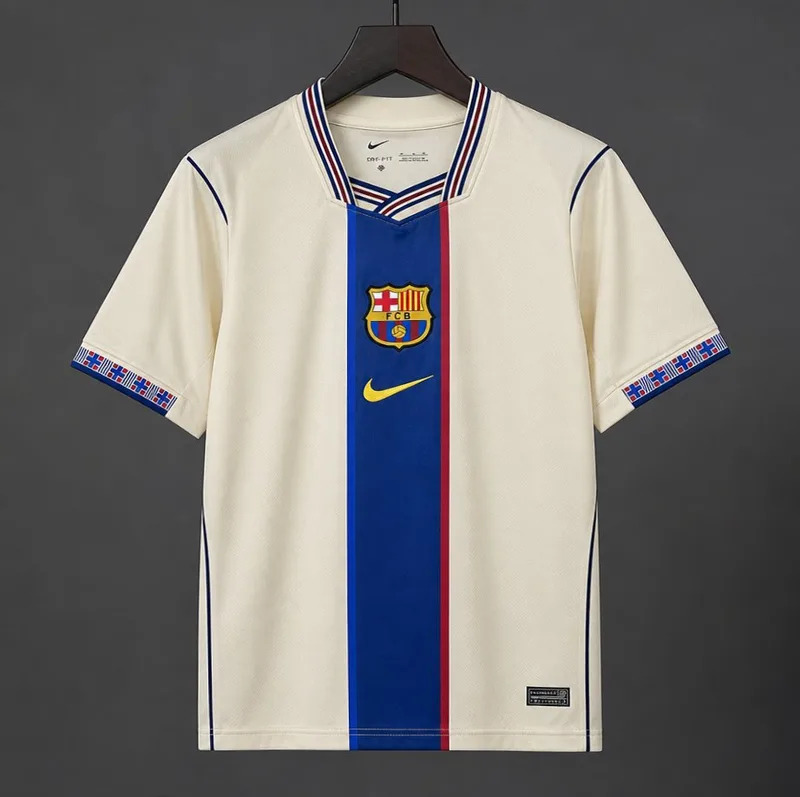 26/27 FC Barcelona Special Edition "Mashup" Away Jersey - Cream/Blue Stripe - As worn by Messi, Pedri, Yamal - Adults - Free Personalisation + Patches!